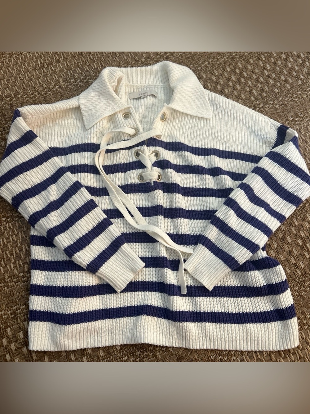Loft Lace-Up Collared Stripe Sweater - Cream & Navy